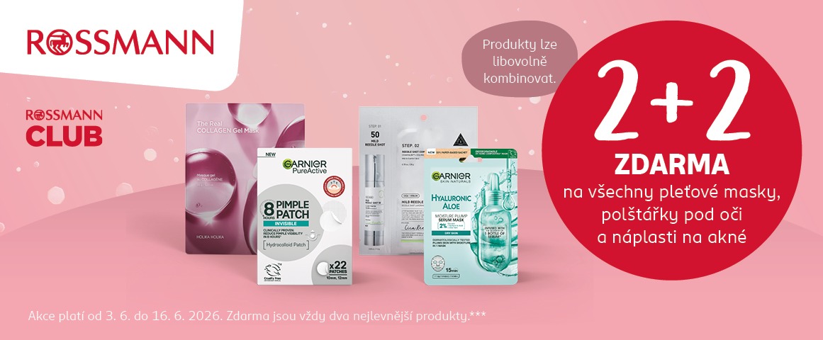 akce 2+2 zdarma na všechny pleťové masky, polštářky pod oči a náplasti na akné