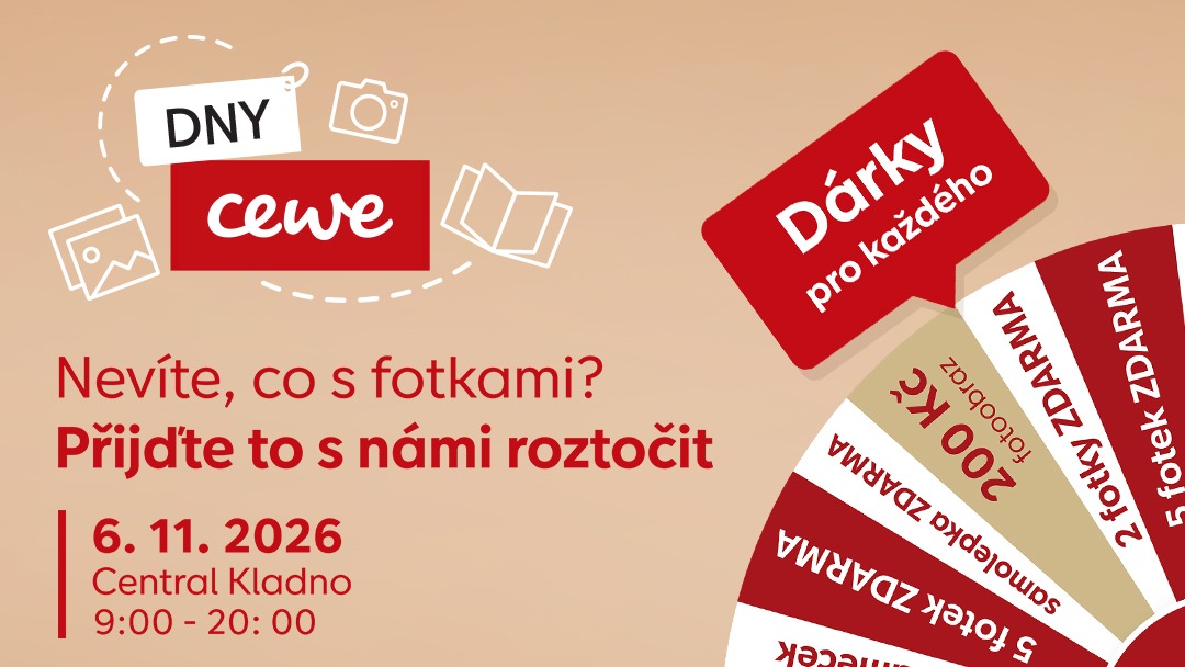 Pozvánka na Dny CEWE v Central Kladno 6. listopadu 2026 s kolem štěstí a dárky.